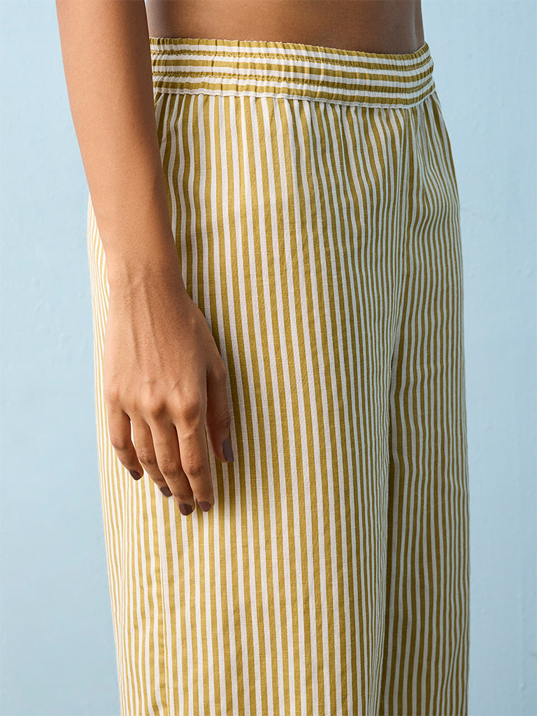 Utsa Lime Striped Cotton-Blend Pants