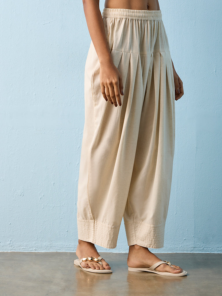 Utsa Light Beige Cotton-Blend Pants