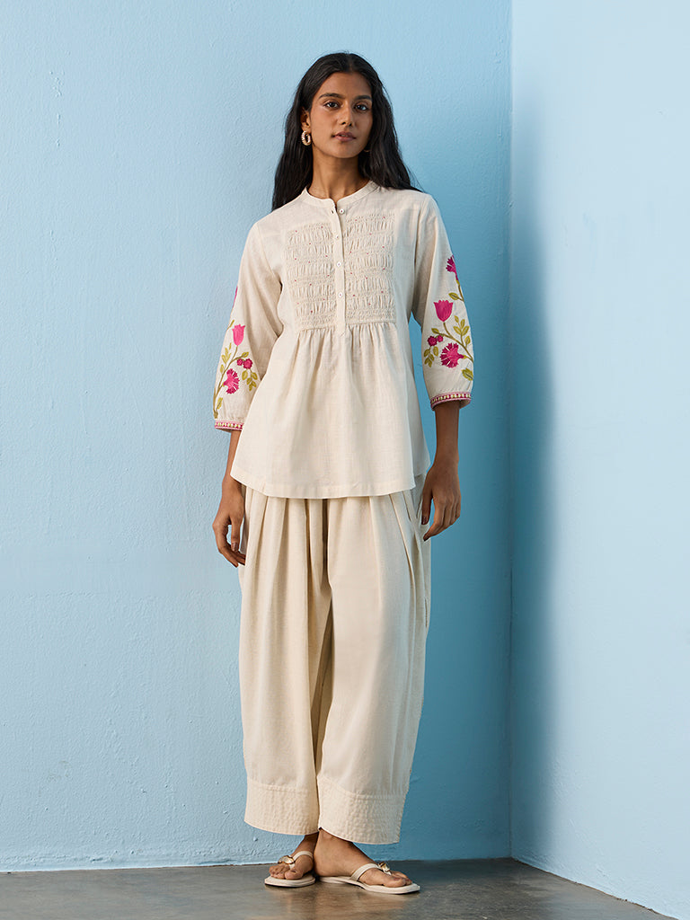 Utsa Light Beige Cotton-Blend Pants