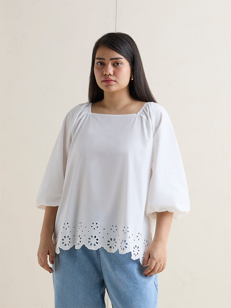 Gia White Floral Schiffli Detailed Cotton Top