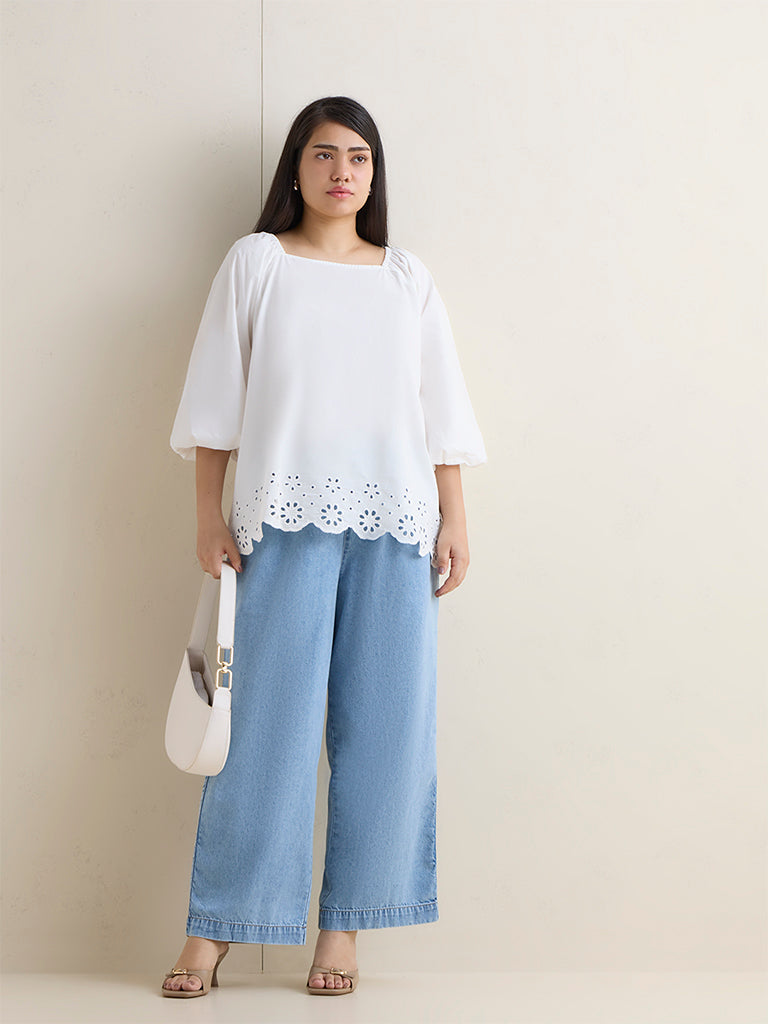 Gia White Floral Schiffli Detailed Cotton Top