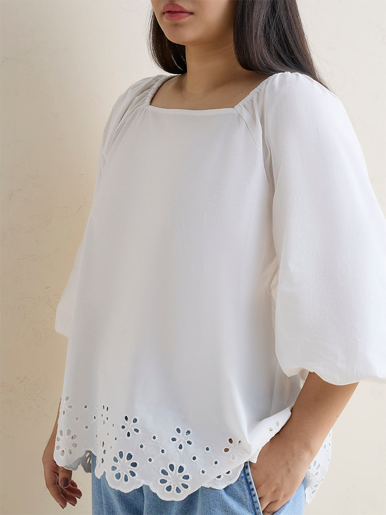 Gia White Floral Schiffli Detailed Cotton Top