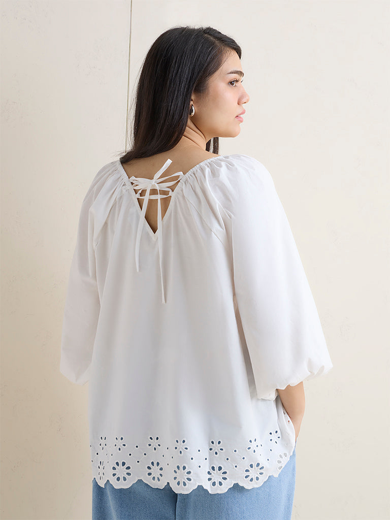 Gia White Floral Schiffli Detailed Cotton Top