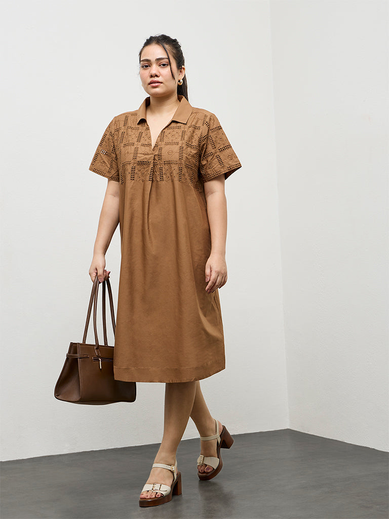 Gia Brown Schiffli Embroidered Cotton A-Line Dress