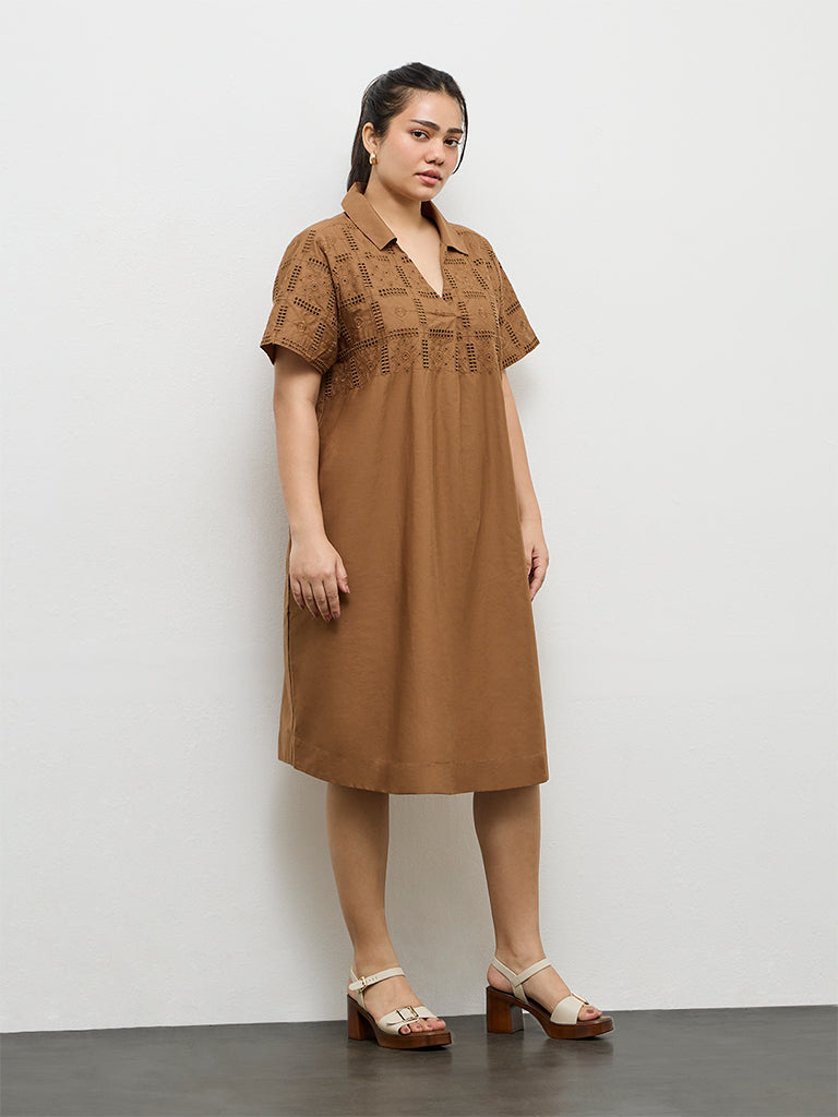 Gia Brown Schiffli Embroidered Cotton A-Line Dress