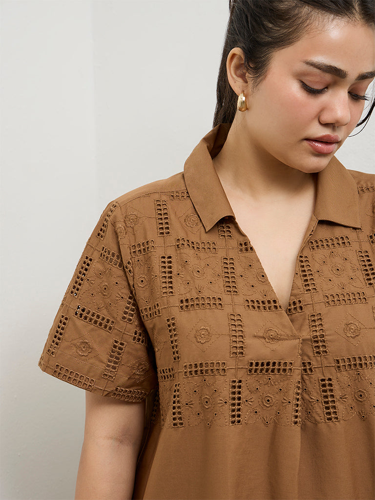 Gia Brown Schiffli Embroidered Cotton A-Line Dress