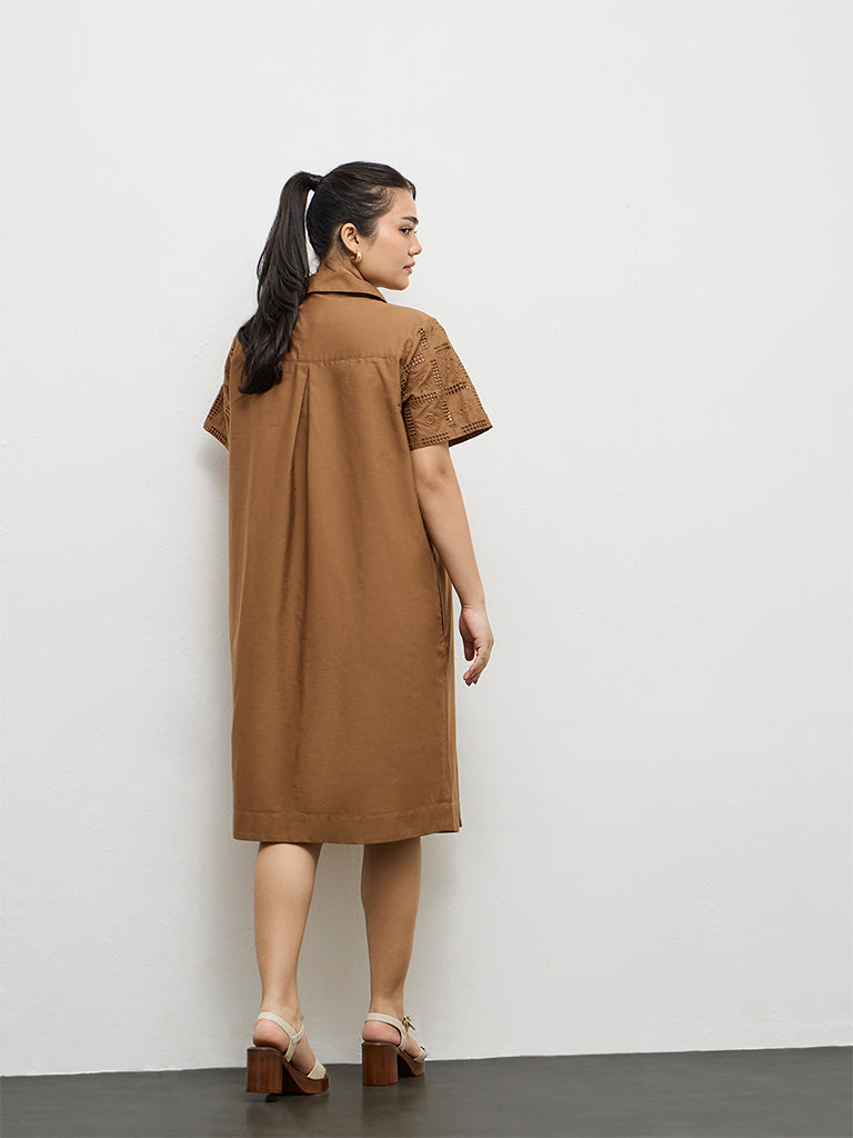 Gia Brown Schiffli Embroidered Cotton A-Line Dress