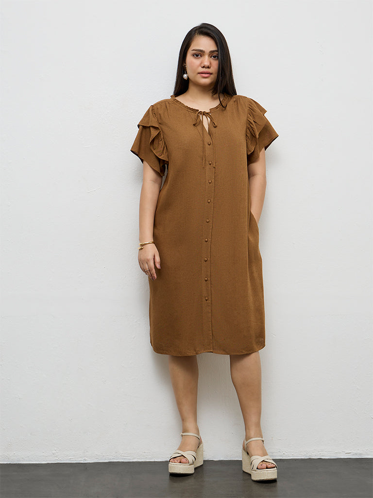 Gia Brown Solid Cotton Straight Dress