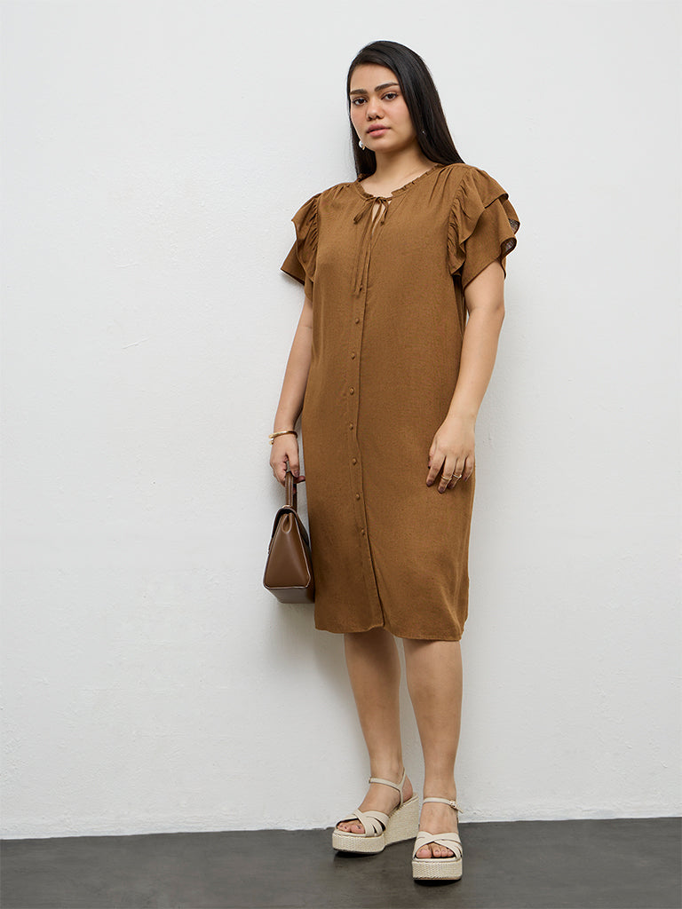 Gia Brown Solid Cotton Straight Dress