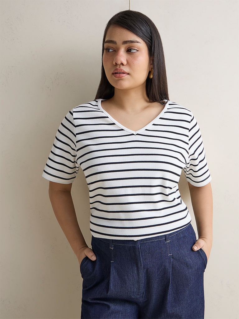 Gia White Striped Cotton-Blend T-Shirt