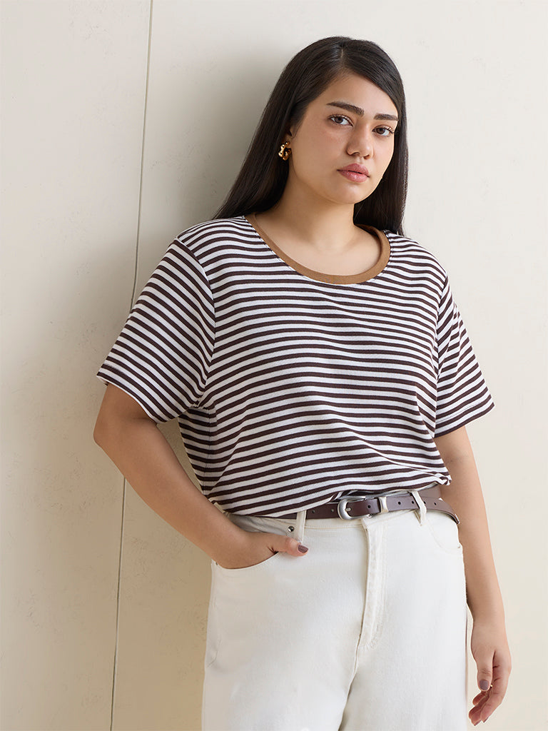 Gia Dark Brown Striped Cotton T-Shirt
