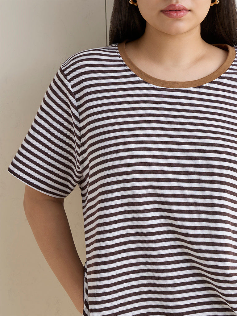 Gia Dark Brown Striped Cotton T-Shirt
