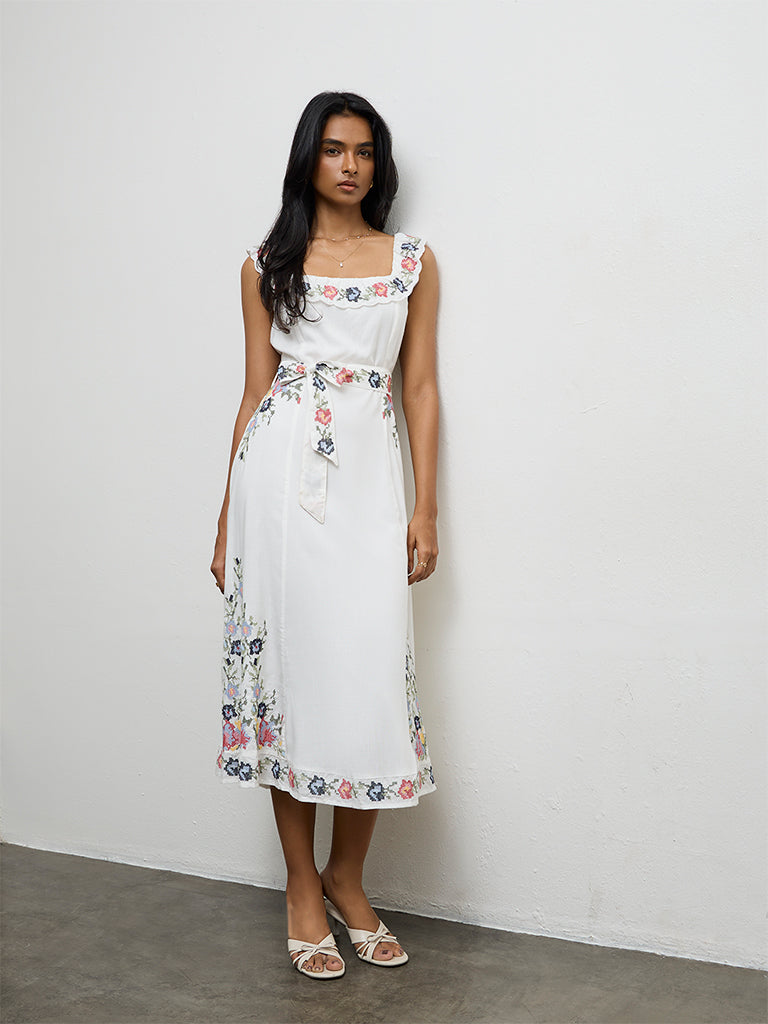 LOV Off-White Floral Embroidered A-Line Dress