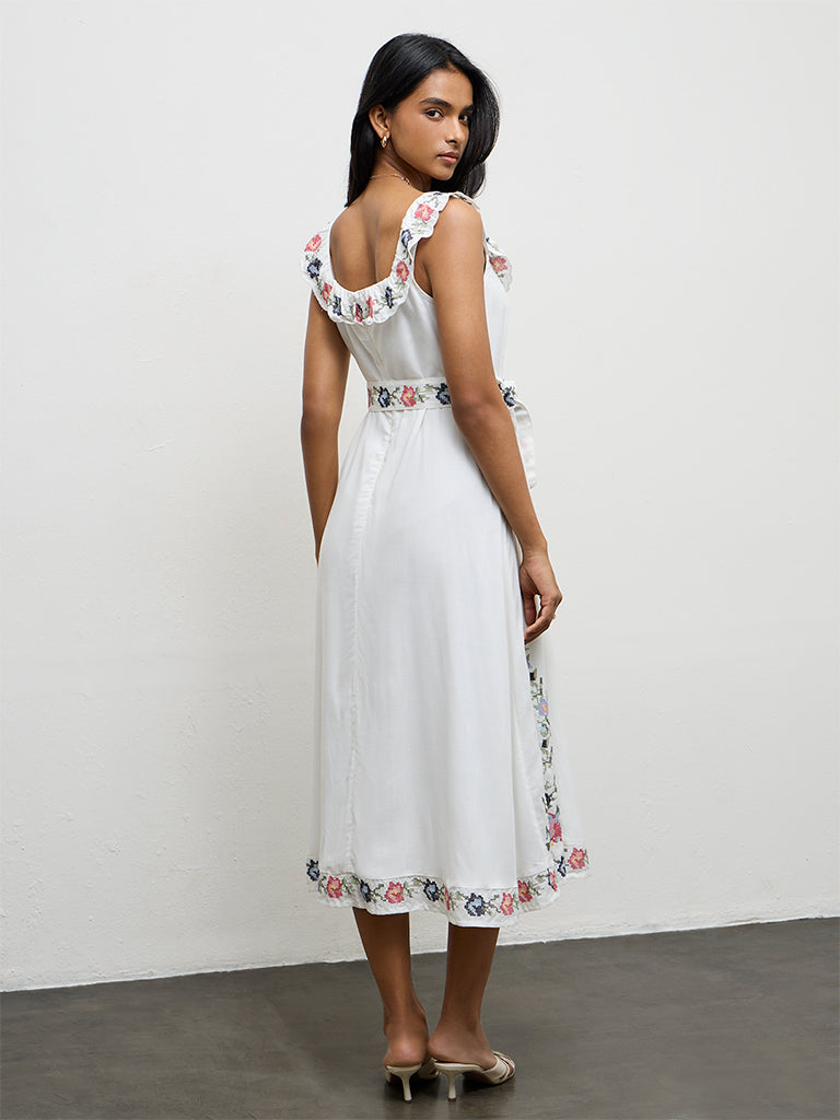 LOV Off-White Floral Embroidered A-Line Dress