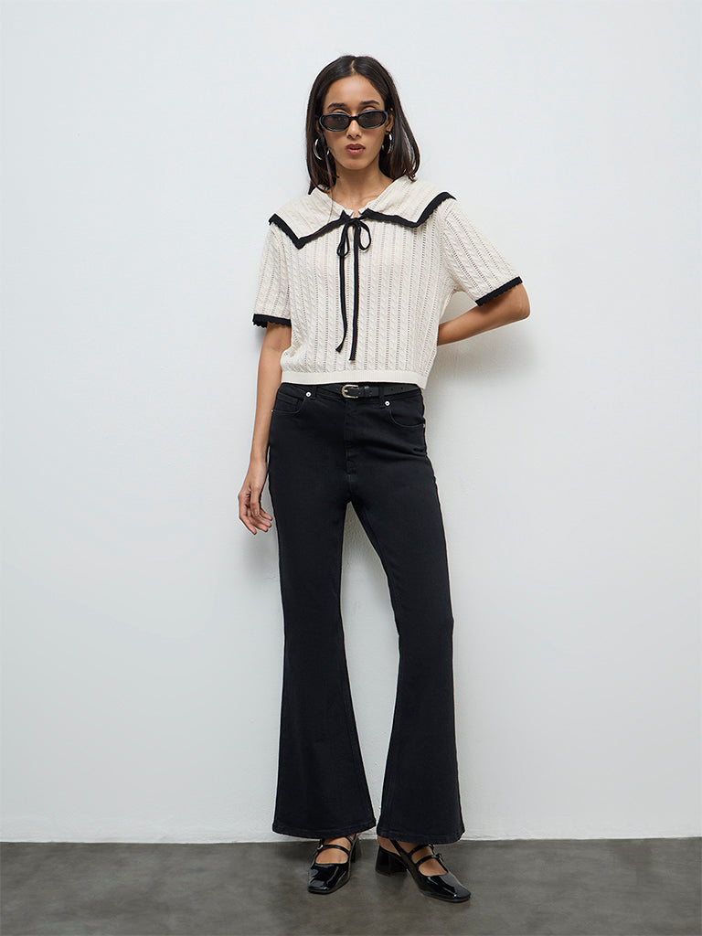 LOV Off-White Cable-Knit Cotton-Blend Top