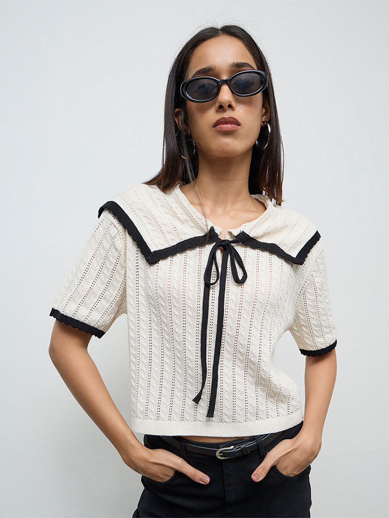 LOV Off-White Cable-Knit Cotton-Blend Top