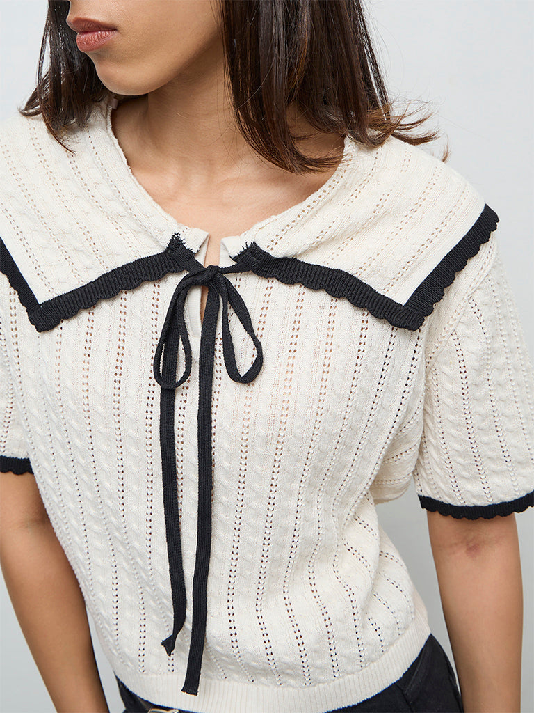 LOV Off-White Cable-Knit Cotton-Blend Top