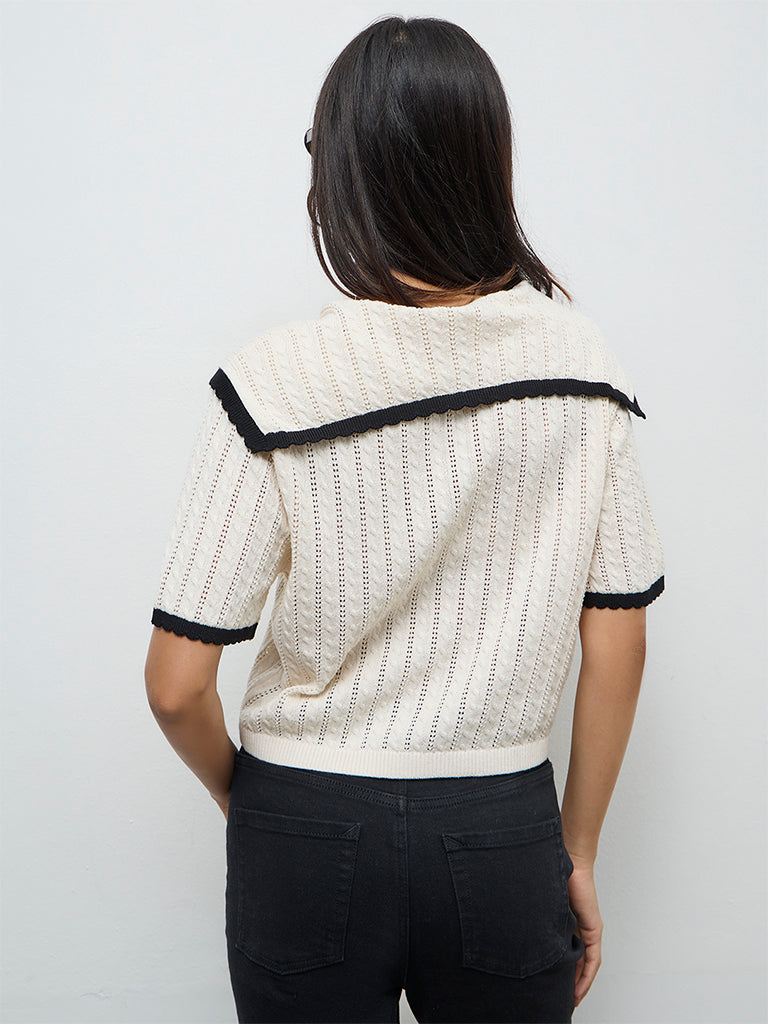 LOV Off-White Cable-Knit Cotton-Blend Top