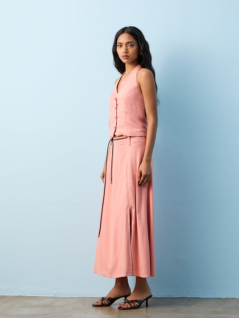 LOV Dusty Pink Solid High-Rise Linen-Blend Skirt