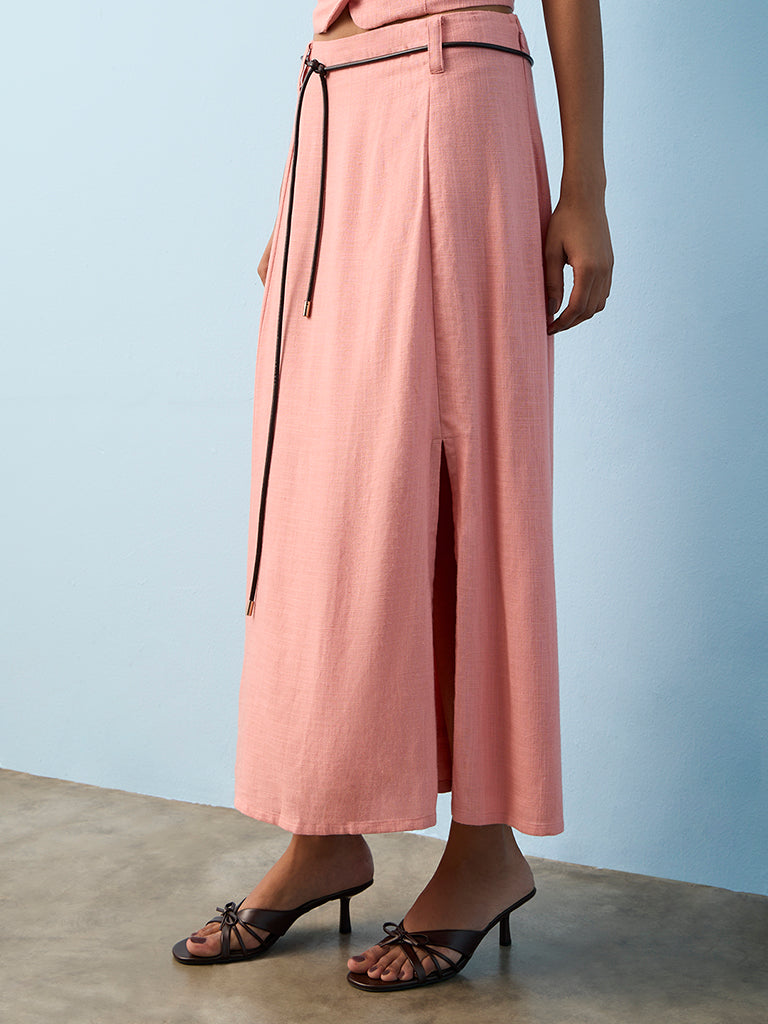 LOV Dusty Pink Solid High-Rise Linen-Blend Skirt