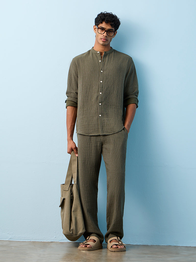 ETA Olive Striped Relaxed-Fit Cotton Shirt