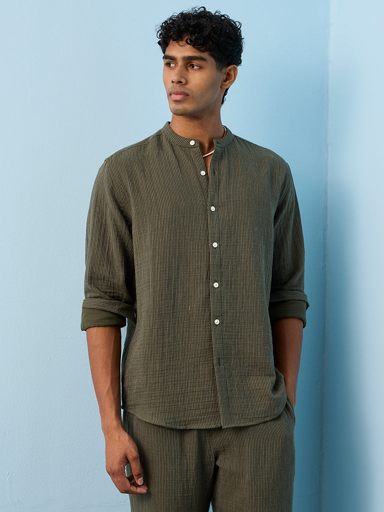 ETA Olive Striped Relaxed-Fit Cotton Shirt