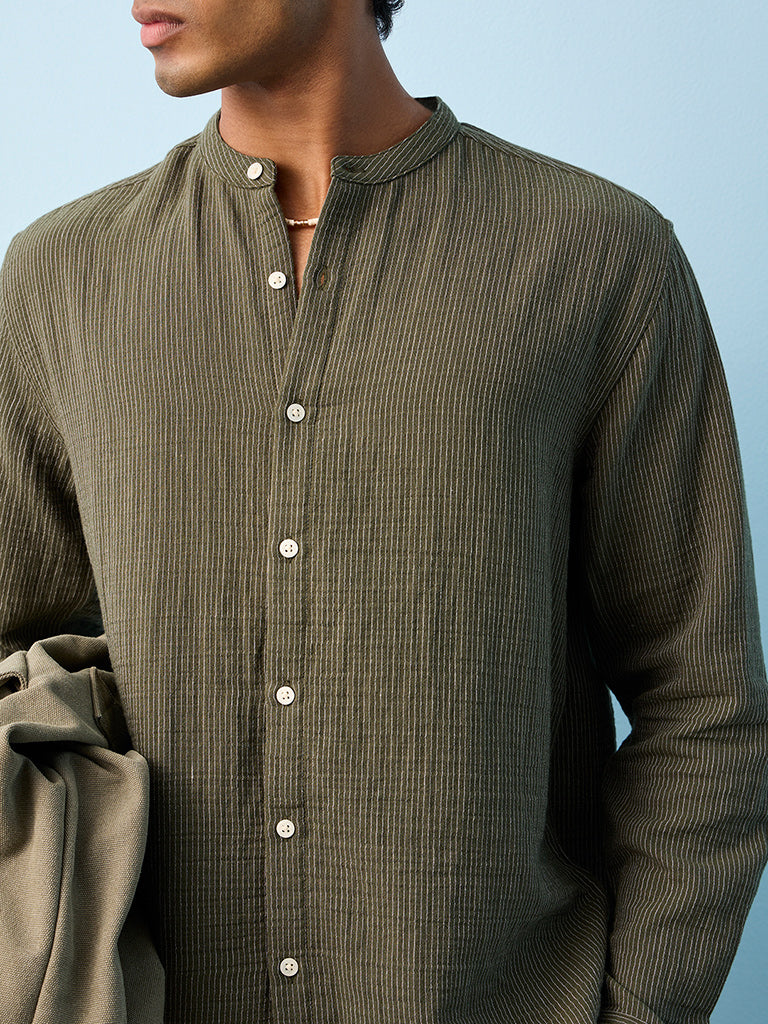 ETA Olive Striped Relaxed-Fit Cotton Shirt