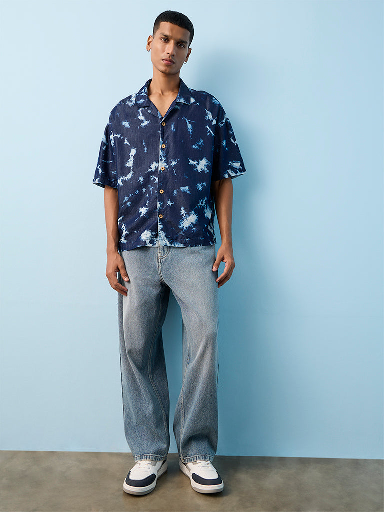 Nuon Indigo Tie-Dye Design Relaxed-Fit Cotton Shirt