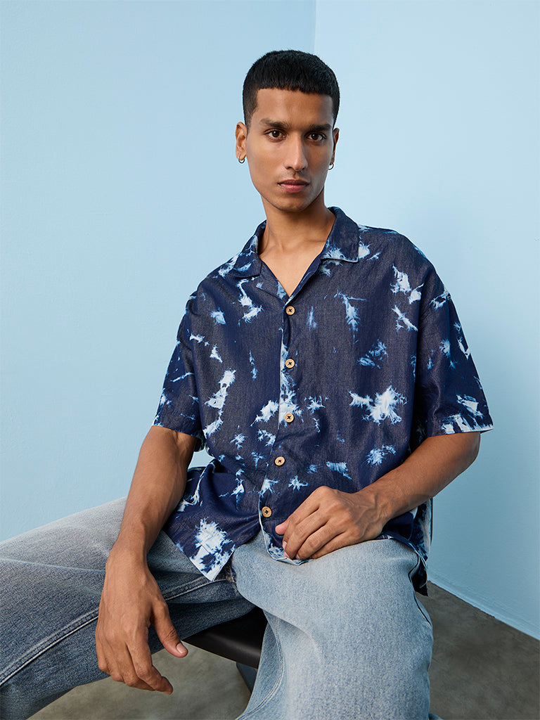 Nuon Indigo Tie-Dye Design Relaxed-Fit Cotton Shirt
