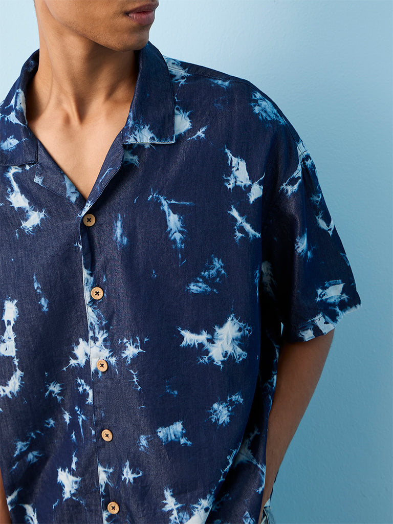 Nuon Indigo Tie-Dye Design Relaxed-Fit Cotton Shirt