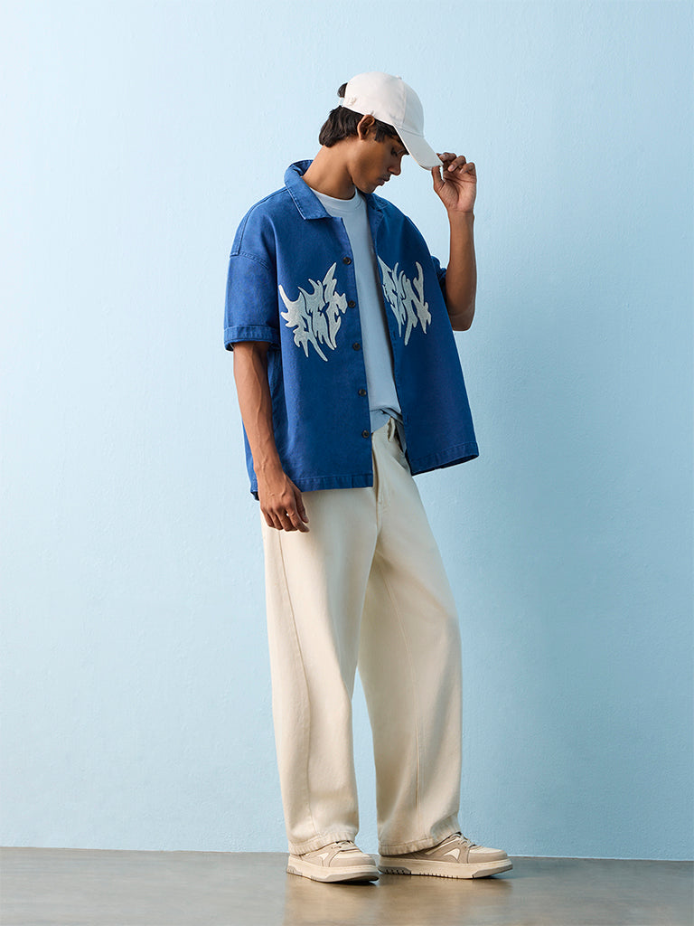 Nuon Indigo Abstract Design Relaxed-Fit Cotton Shirt