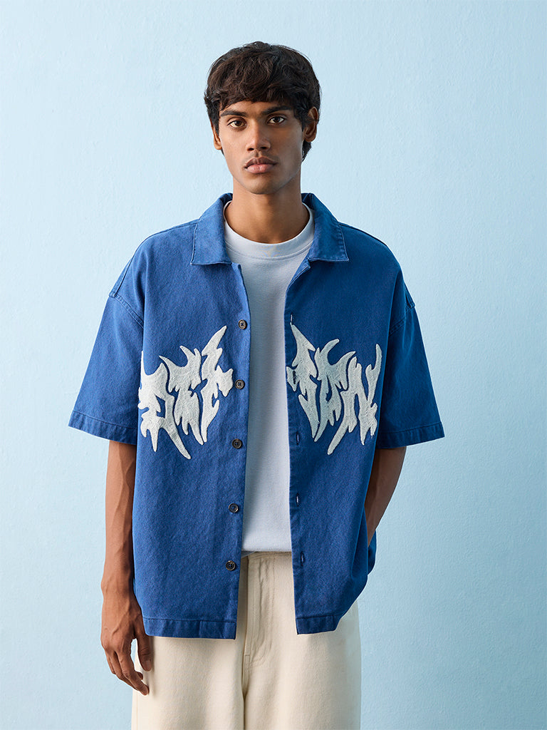 Nuon Indigo Abstract Design Relaxed-Fit Cotton Shirt