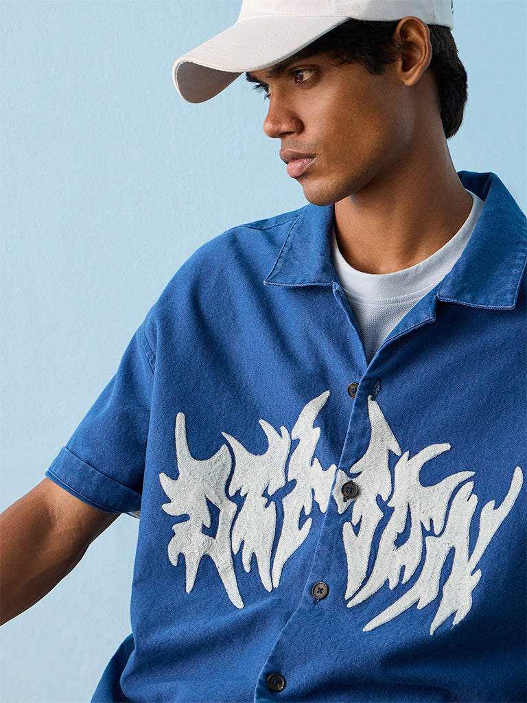 Nuon Indigo Abstract Design Relaxed-Fit Cotton Shirt