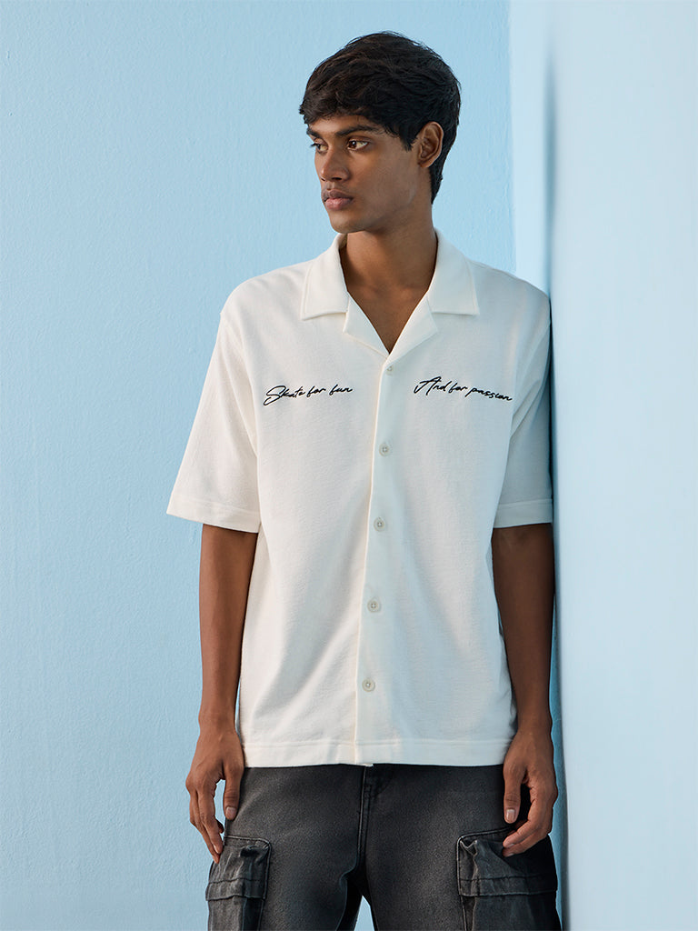 Nuon White Japanese Text Embroidered Relaxed-Fit Cotton Shirt