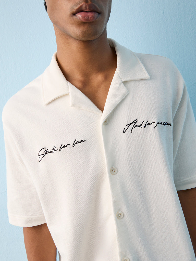 Nuon White Japanese Text Embroidered Relaxed-Fit Cotton Shirt