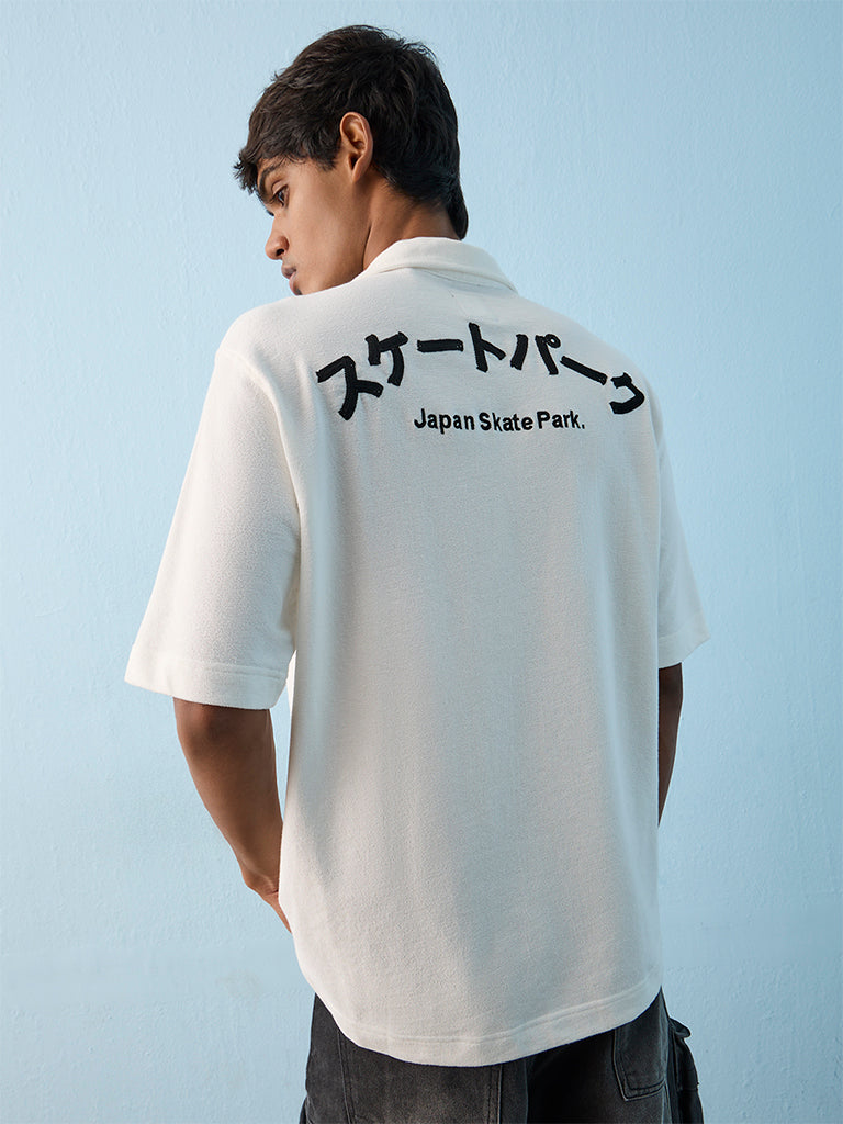 Nuon White Japanese Text Embroidered Relaxed-Fit Cotton Shirt