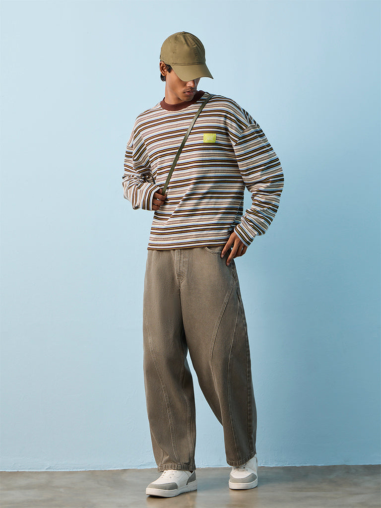 Nuon Brown Striped Oversized Cotton T-Shirt