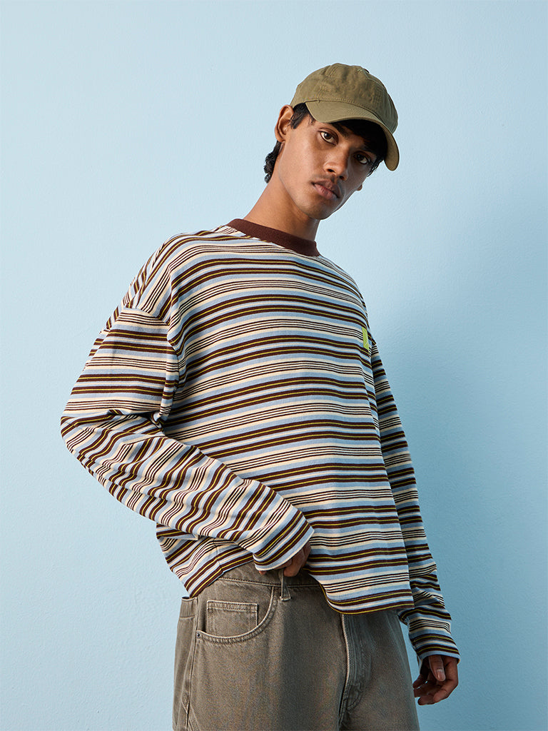 Nuon Brown Striped Oversized Cotton T-Shirt