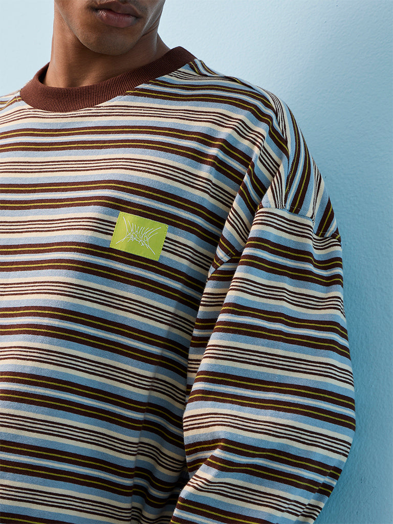 Nuon Brown Striped Oversized Cotton T-Shirt