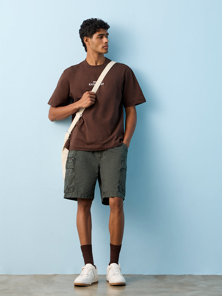 Nuon Dark Brown Printed Relaxed-Fit Cotton T-Shirt
