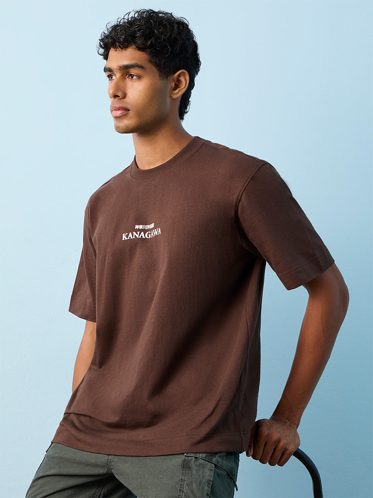 Nuon Dark Brown Printed Relaxed-Fit Cotton T-Shirt