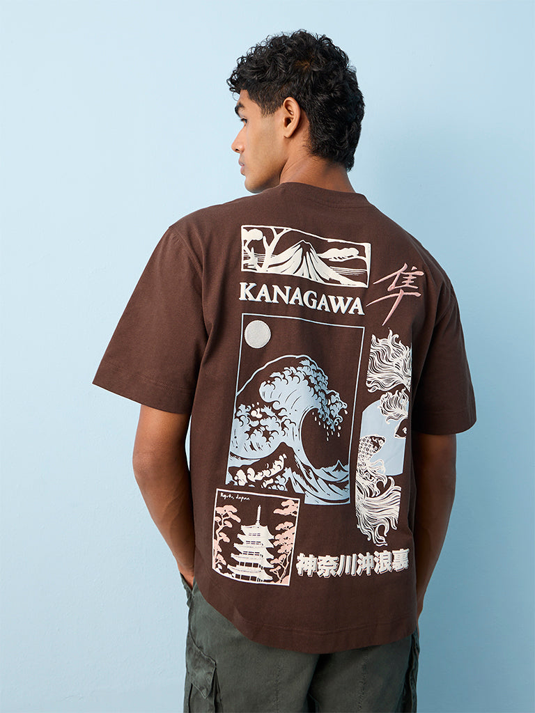 Nuon Dark Brown Printed Relaxed-Fit Cotton T-Shirt