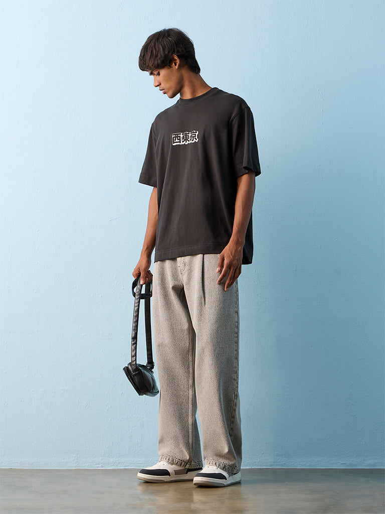 Nuon Charcoal Text Printed Relaxed-Fit Cotton T-Shirt