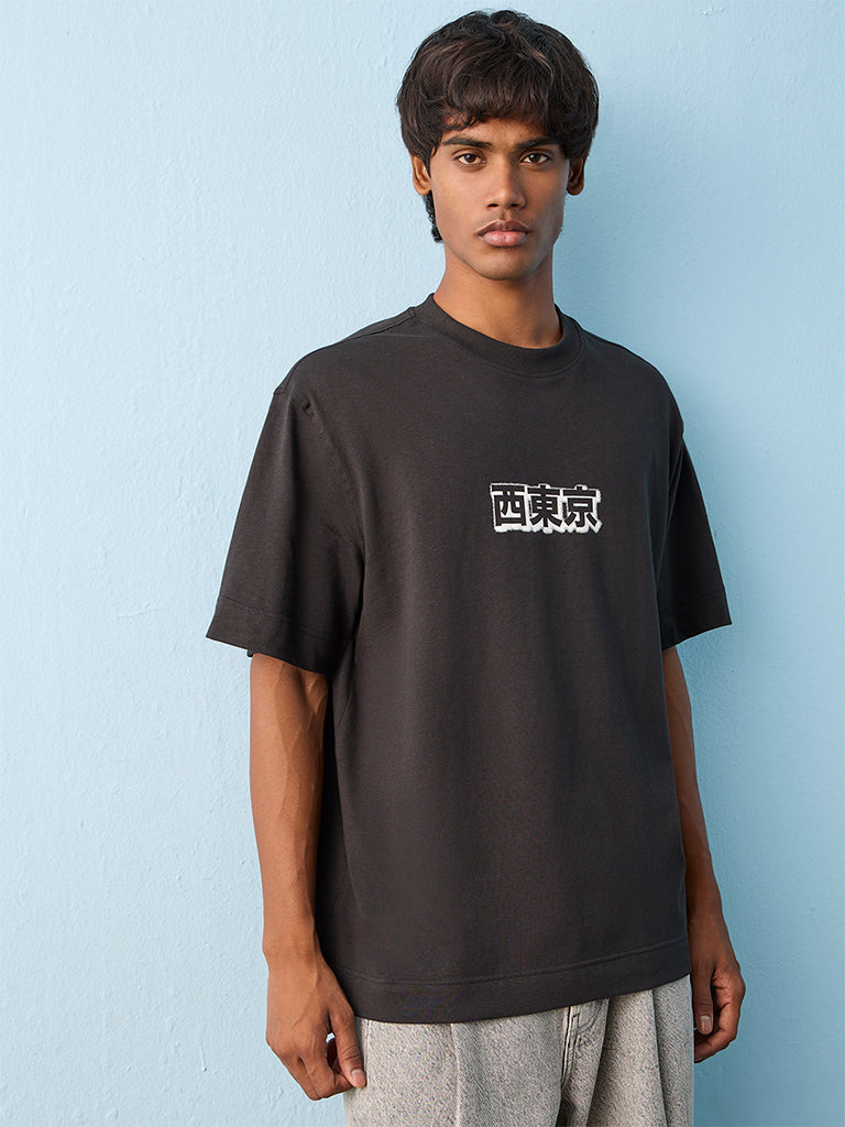 Nuon Charcoal Text Printed Relaxed-Fit Cotton T-Shirt