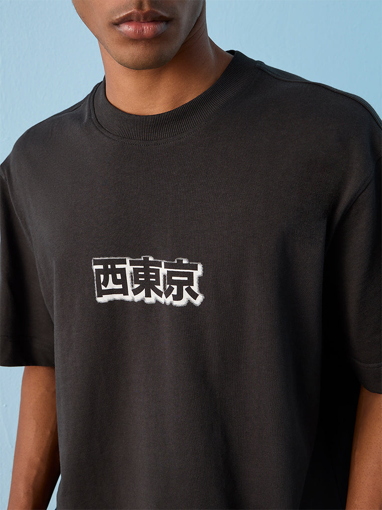Nuon Charcoal Text Printed Relaxed-Fit Cotton T-Shirt