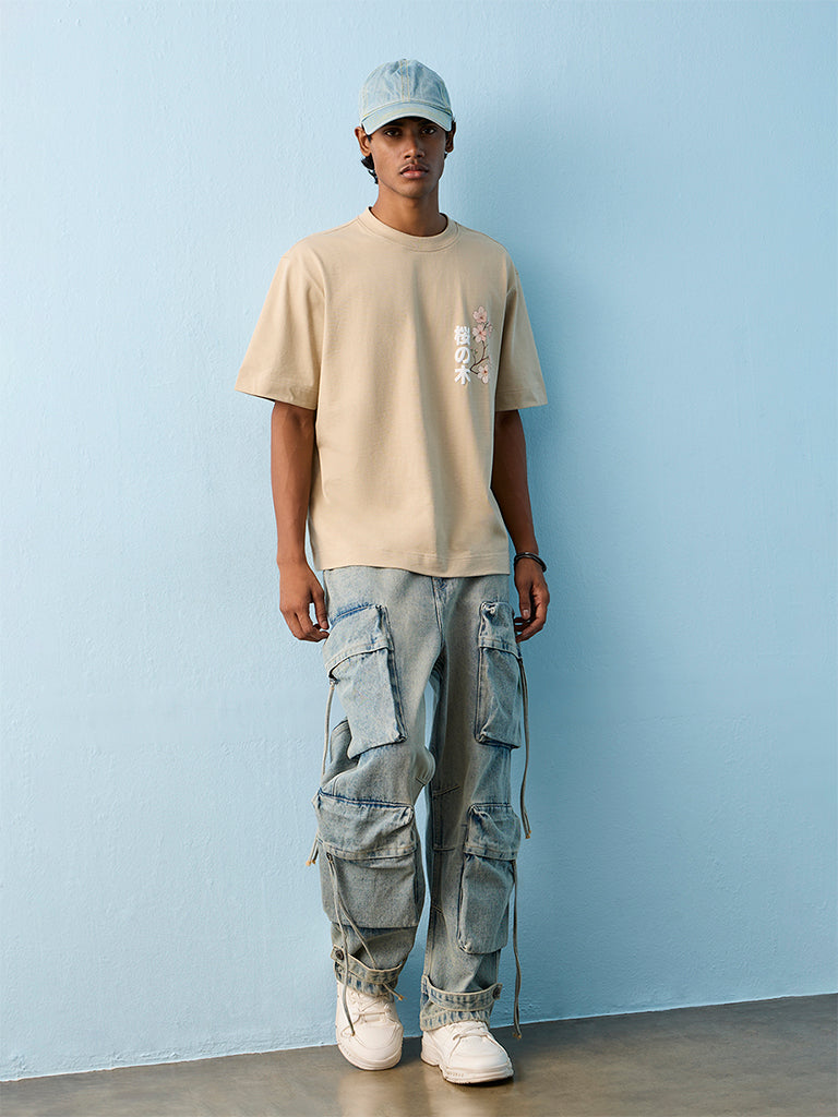 Nuon Beige Japanese Inspired Relaxed-Fit Cotton T-Shirt