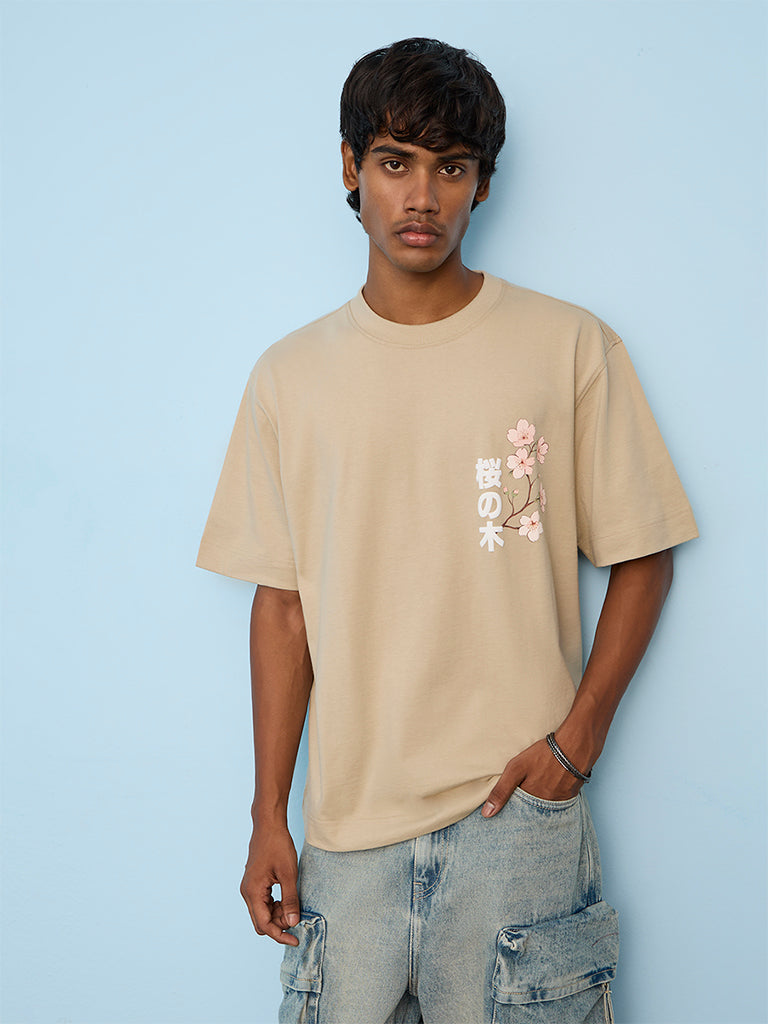 Nuon Beige Japanese Inspired Relaxed-Fit Cotton T-Shirt