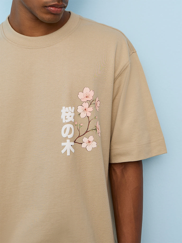 Nuon Beige Japanese Inspired Relaxed-Fit Cotton T-Shirt