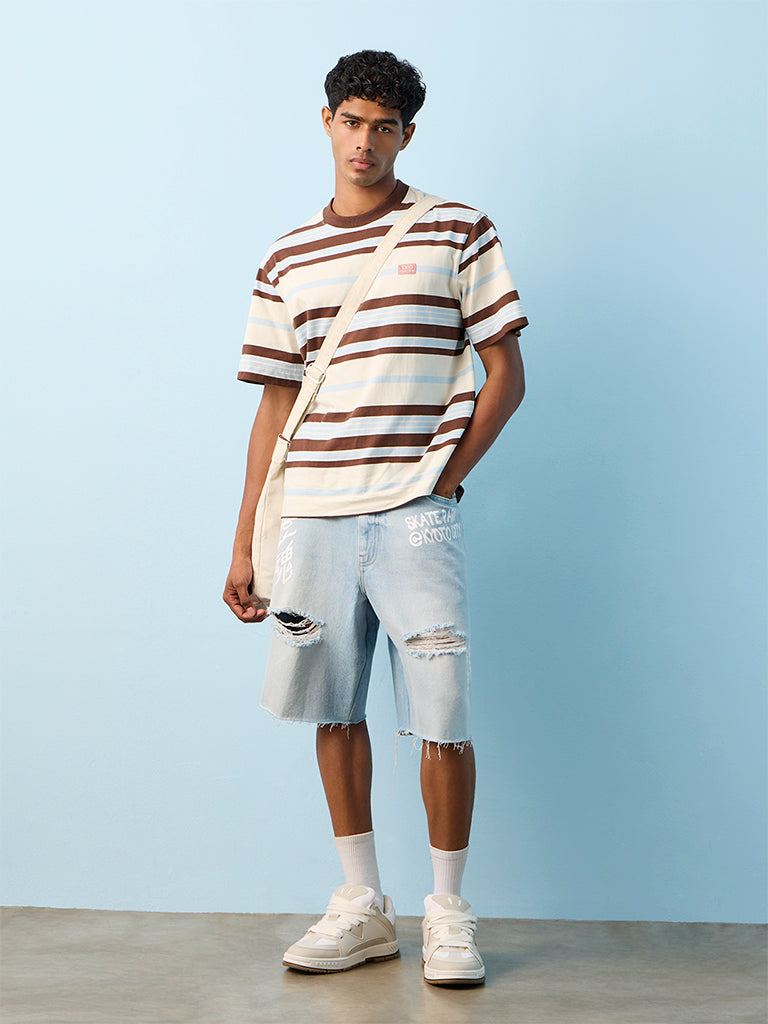 Nuon Off-White Striped Relaxed-Fit Cotton T-Shirt