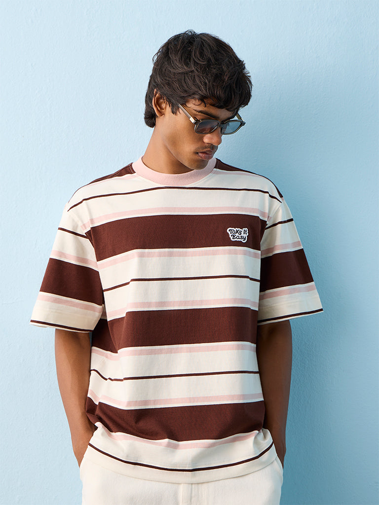 Nuon Off-White Striped Relaxed-Fit Cotton T-Shirt